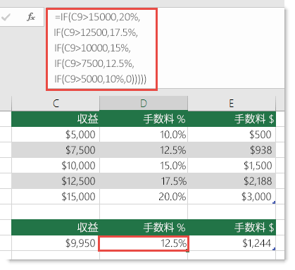 セル D9 の式は IF(C9>15000,20%,IF(C9>12500,17.5%,IF(C9>10000,15%,IF(C9>7500,12.5%,IF(C9>5000,10%,0)))))