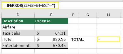 =IFERROR(E2+E3+E4+E5,"--")가 입력된 셀 H4