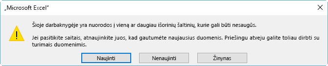 Neveikiančios nuorodos dialogo langas programoje „Excel“