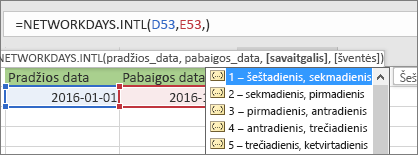 „Intellisense“ sąrašas, kuriame rodomas 2 – sekmadienis, pirmadienis; 3 – pirmadienis, antradienis ir t. t.