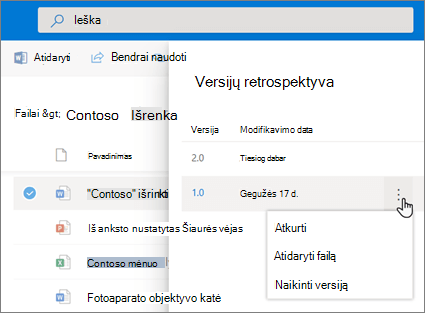 Ekrano nuotrauka, kurioje matomas „OneDrive“ verslui esančių failų atkūrimas iš versijų istorijos modernių funkcijų informacijos srityje