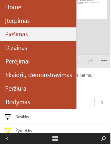 Rodomas pasirinktas skirtukas Piešimas naudojant „Office Mobile“.