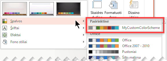 Kai nurodote pasirinktinę spalvų schemą, ji rodoma spalvų išplečiamajame meniu