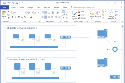 Diagramos, sukurtos programoje „Visio 2016“, ekrano nuotrauka.