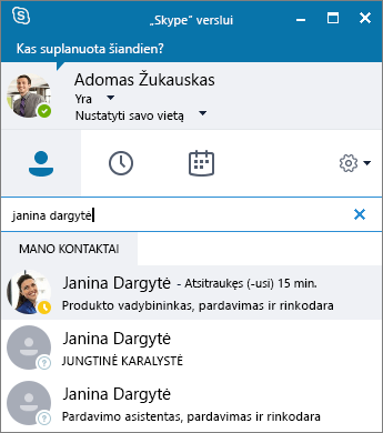 Ekrano nuotrauka, vaizduojanti „Skype“ verslui langą, kuriame ieškoma norimo įtraukti kontakto.