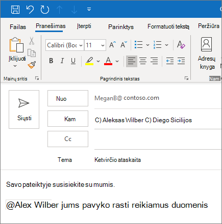 @Paminėjimo funkcija programoje „Outlook“