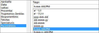 Dialogo langas Langelių formatavimas, pasirinktinė komanda, h:mm AM/PM tipas
