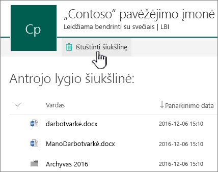 "SharePoint Online" 2-o lygio šiukšlinė su paryškintu mygtuku Ištuštinti šiukšlinę