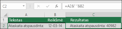 Teksto jungimo be funkcijos TEXT pavyzdys