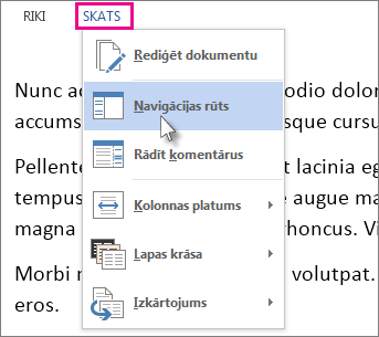 Lasīšanas režīma izvēlnes Skats attēls, kurā ir atlasīta opcija Navigācijas rūts.