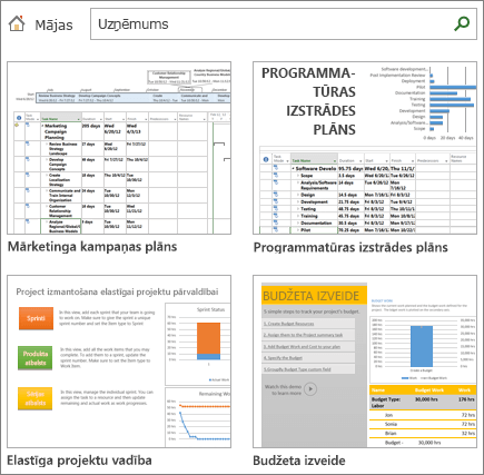 Ekrānuzņēmums ar projekta plāna veidnēm kategorijā Uzņēmējdarbība.