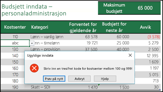 Eksempel på en ugyldig inndatamelding