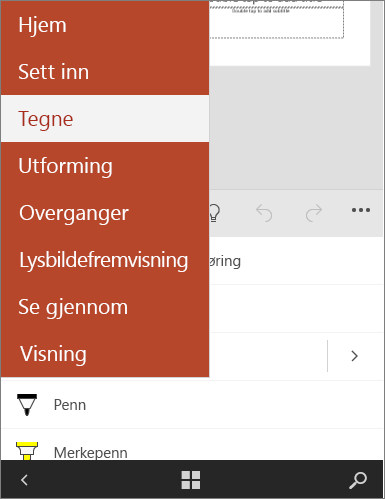 Viser Tegn-fanen som er valgt i Office Mobile.