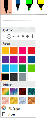 Alternativer for farge og tykkelse for en penn i pennegalleriet til Office på Tegn-fanen.