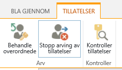 Tillatelseskontrollen for liste/bibliotek som viser Stopp arving av tillatelser-knappen