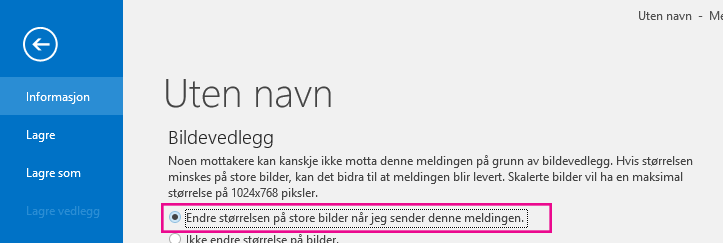 Klikk dette alternativet hvis du vil at Outlook skal endre størrelsen på bilder når de sendes.