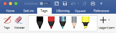 Penner og merkepenner på Tegn-fanen i Office 365 for Mac