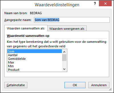 Excel-dialoogvenster Waardeveldinstellingen voor de optie Waarden samenvatten als