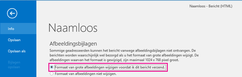 Als u op deze optie klikt, kunt u in Outlook het formaat van afbeeldingen laten wijzigen wanneer ze worden verzonden.