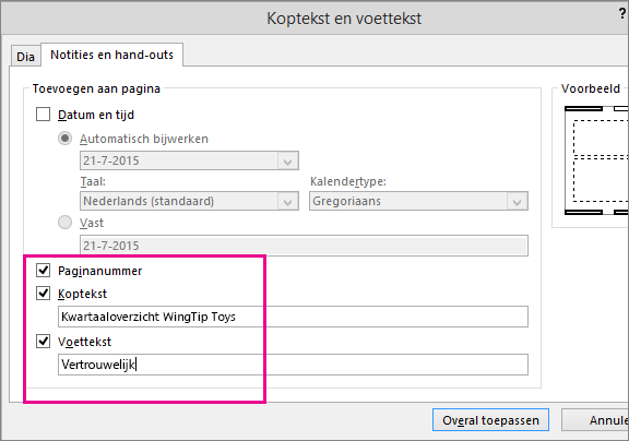 Geeft dialoogvenster Koptekst en voettekst weer in PowerPoint