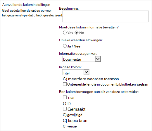 Dialoogvenster Keuze van opzoekkolom