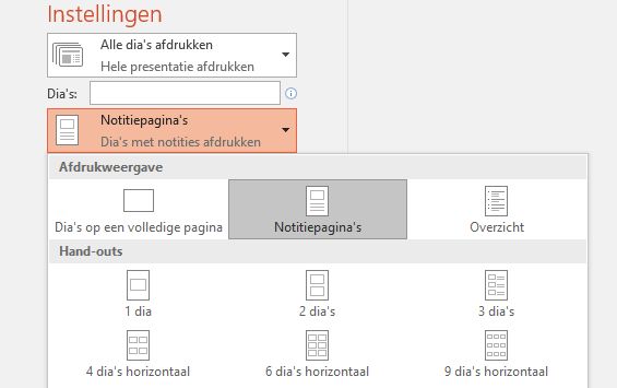 schermafbeelding van optie Notities afdrukken