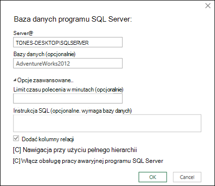 Power Query SQL Server okno dialogowe połączenia bazy danych