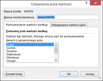 Okno dialogowe Ustawienia pola wartości w programie Excel z opcjami Podsumowanie wartości według