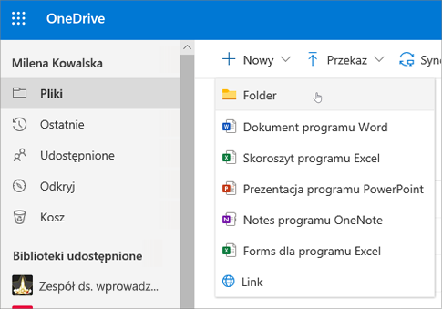 Tworzenie folderu w usłudze OneDrive