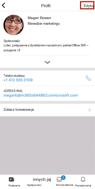 Zrzut ekranu przedstawiający edytowany profil w aplikacji mobilnej Yammer