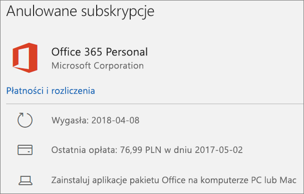 Przedstawia wygasłą subskrypcję usługi Office 365