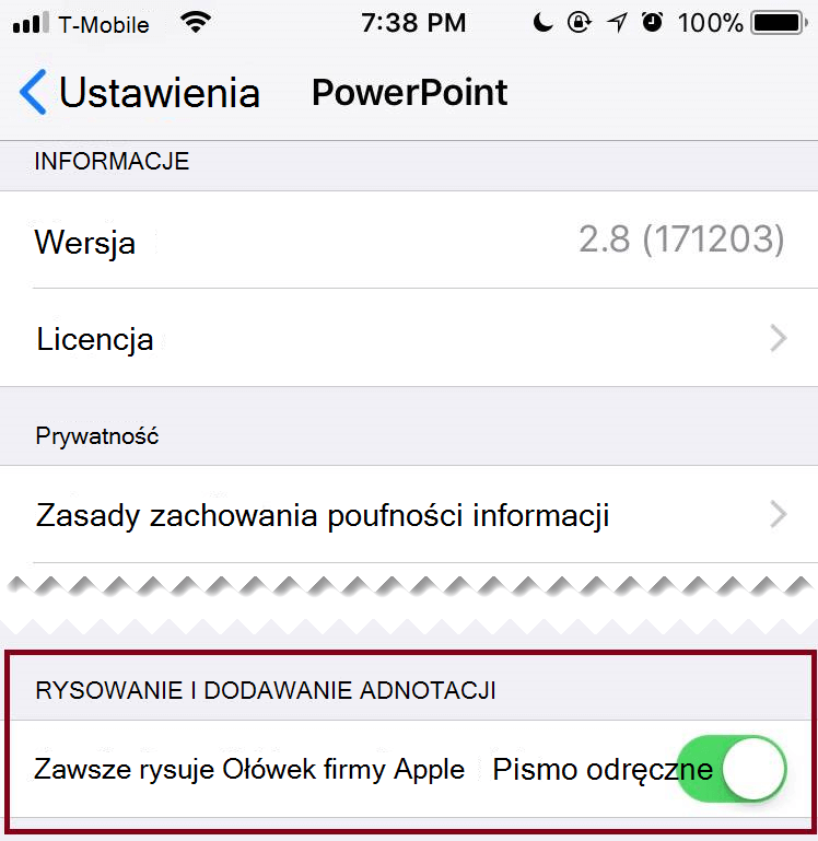 W ustawieniach aplikacji możesz wyłączyć lub włączyć automatyczne pisanie odręczne.