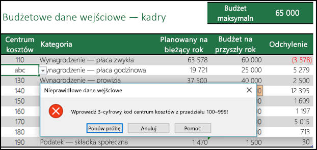 Przykład nieprawidłowego komunikatu wejściowego