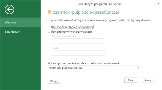 Power Query SQL Server poświadczeń logowania do połączenia