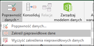 Polecenie Zakreśl nieprawidłowe dane na wstążce