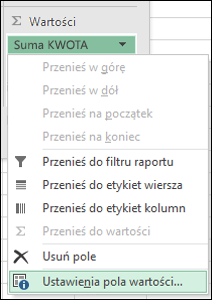 Okno dialogowe Ustawienia pola wartości w programie Excel