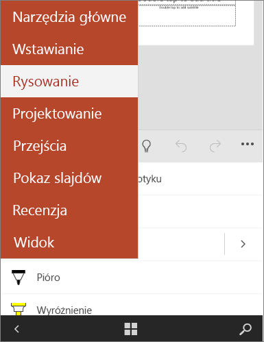 Karta Rysowanie zaznaczona w pakiecie Office Mobile.