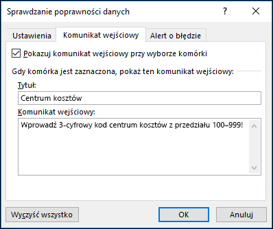 Ustawienia komunikatu wejściowego w oknie dialogowym Sprawdzanie poprawności danych