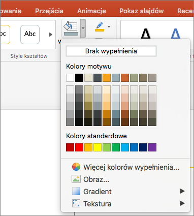 Zrzut ekranu przedstawiający opcje dostępne w menu Wypełnienie kształtu, tym Brak wypełnienia, Kolory motywu, Kolory standardowe, Więcej kolorów wypełnienia, Obraz, Gradient i Tekstura.