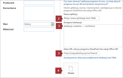 Ekran tworzenia nowej aplikacji sieci Web programu Access