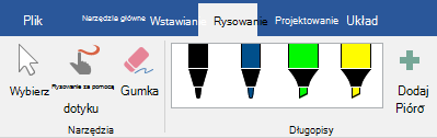 Pióra i zakreślacze na karcie Rysowanie w pakiecie Office 2019