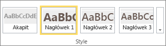 Zrzut ekranu: grupa Style na wstążce w usłudze SharePoint Online z zaznaczonym stylem Nagłówek 1.