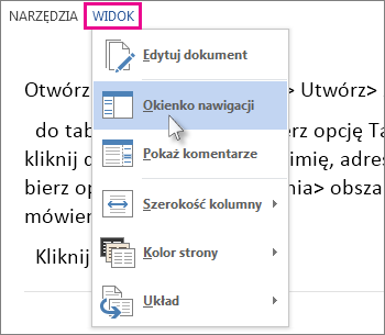 Obraz menu Widok w trybie do czytania z zaznaczoną opcją Okienko nawigacji.