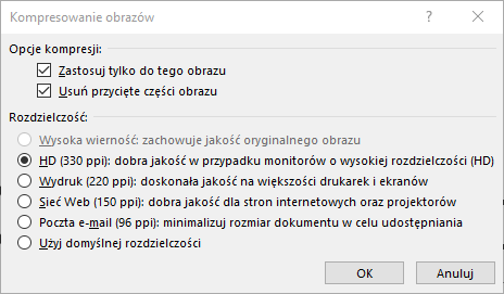 Okno dialogowe Kompresowanie obrazów