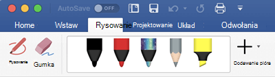 Pióra i zakreślacze na karcie Rysowanie w Office 365 dla komputerów Mac