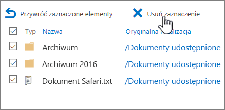 Kosz drugiego poziomu programu SharePoint 2016 z wyróżnionymi wszystkimi elementami zaznaczonymi i usuniętymi