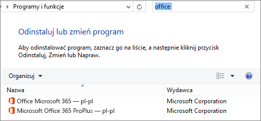 Przedstawia dwie zainstalowane kopie pakietu Office w Panelu sterowania