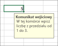 Komunikat wejściowy wyświetlany dla komórki