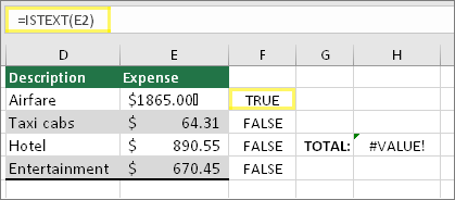 Célula F2 com a função =ÉTEXTO(E2) e resultado de VERDADEIRO