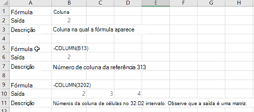 Exemplos da função COLUMN